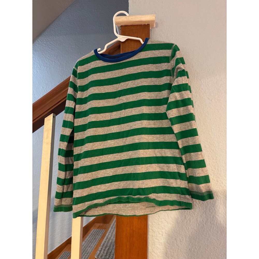 Mini Boden 128 7/8 green gray striped cotton long sleeve shirt